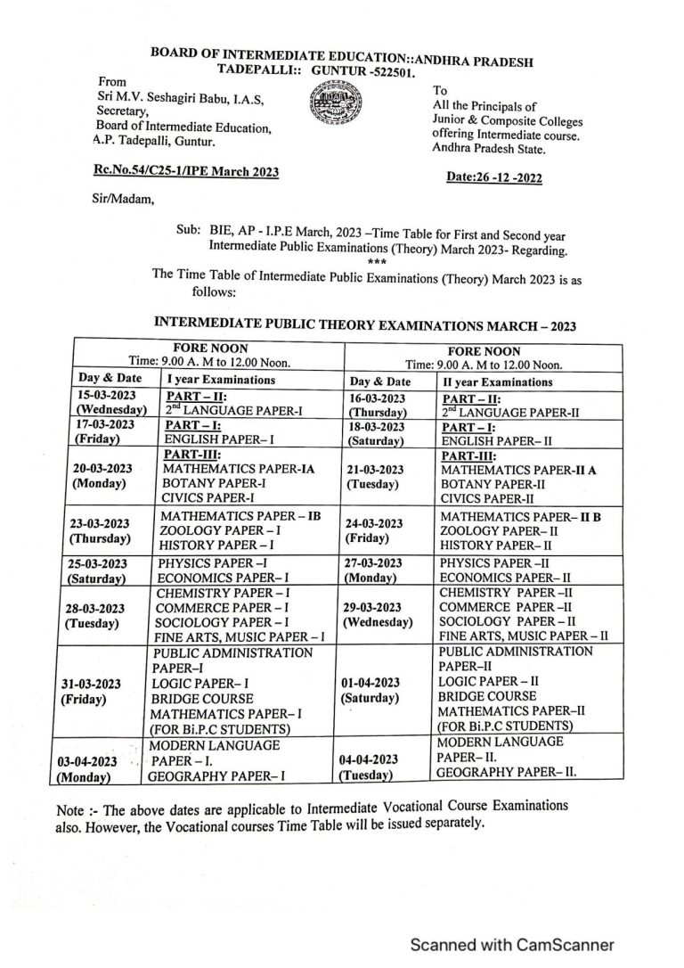 AP Intermediate Time Table 2024 Download BIEAP 1st & 2nd Year Exams