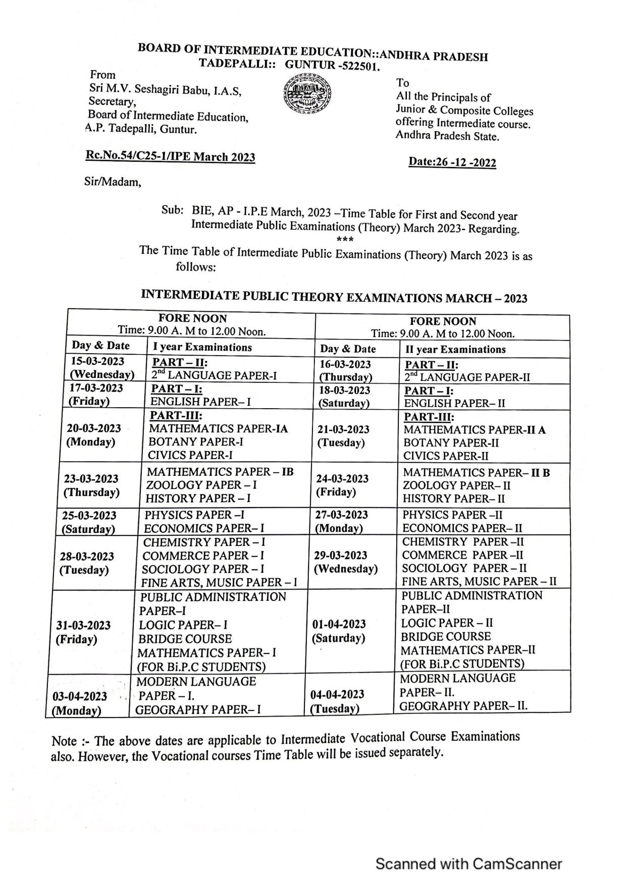 AP Intermediate Time Table 2024 Download BIEAP 1st 2nd Year Exams