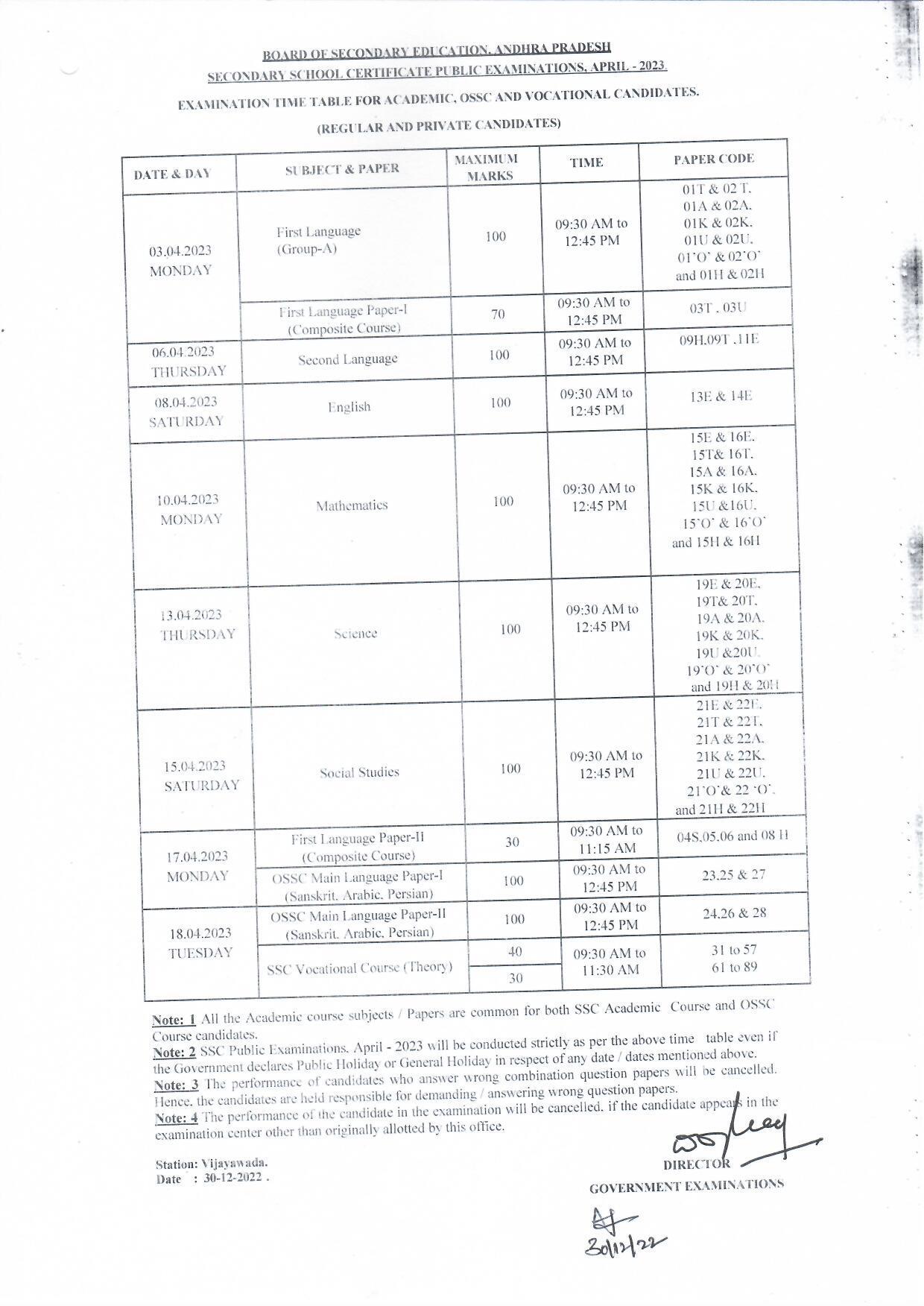 BSEAP 10th Class Exam Schedule 2023